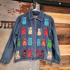 Colorful Cat Embroidered Denim Shirt